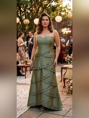 Vintage Caviar Size 16 Green Strapless Tiered Evening Gown